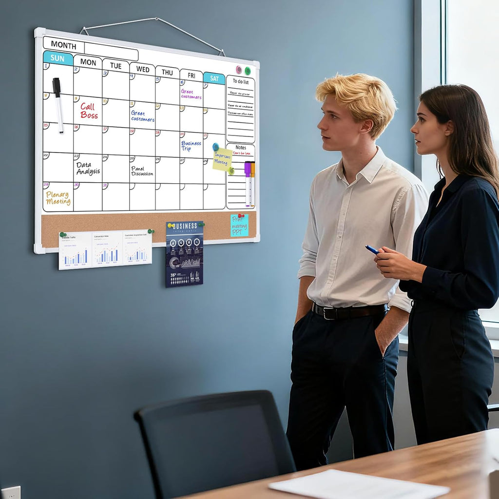 Monthly Calendar Whiteboard for Wall, 24" x 18" Double-Sided White Board Calendar with Bulletin Board, Dry Erase Cork