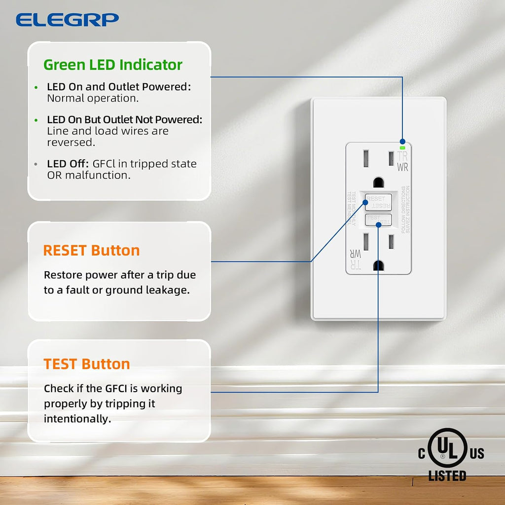 GFCI Outlet Outdoor, 15 Amp Self-Test GFI Electrical Outlet with Thinner Design, Weather & Tamper Resistant GFCI