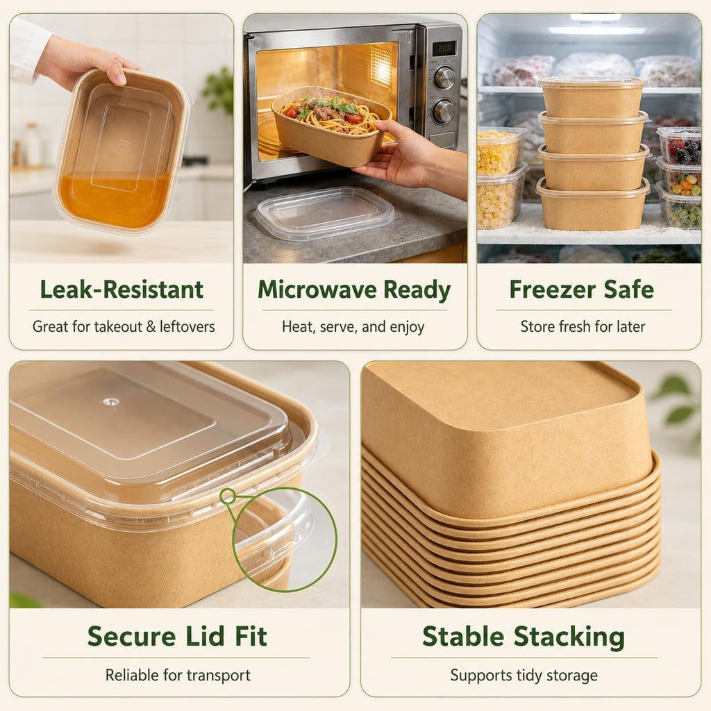 50 Disposable Meal Prep Containers 19oz Kraft Paper Bowls with Lids & Forks