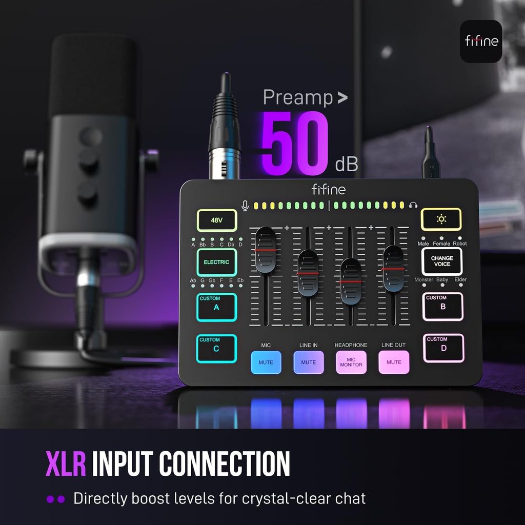 Gaming Audio Mixer, Streaming RGB PC Mixer with XLR Microphone Interface, Individual Control, Volume Fader, Mute