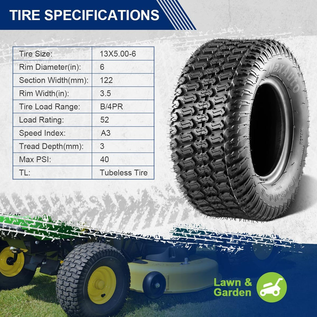 2Pcs 13x5.00-6 Riding Mower Tires 13x5x6 Turf Tires for Lawn and Garden Mower,4PR,P332, Set of 2