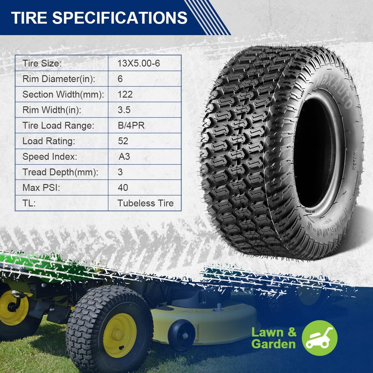 2Pcs 13x5.00-6 Riding Mower Tires 13x5x6 Turf Tires for Lawn and Garden Mower,4PR,P332, Set of 2