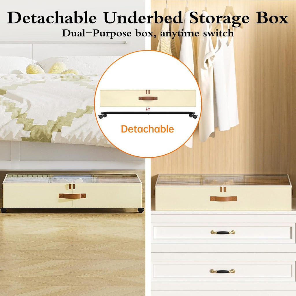 Under Bed Storage with Wheels, 2 Pack Under Bed Storage Containers with Adjustable Dividers & Clear Lid, Rolling