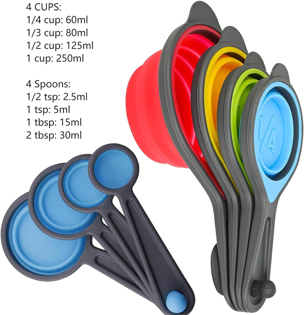 Measuring Cups and Spoons set, Collapsible Measuring Cups, 8 pieces Measuring Cups&Spoons Set, Engraved Metric & US