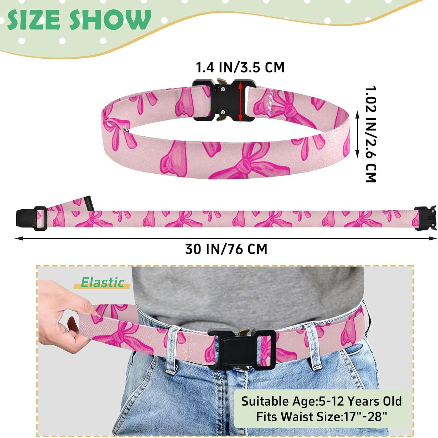 Bow Tie Adjustable Kids Elastic Belts, Girls Boys Stretch Waist Belt with Aluminum Alloy Buckle