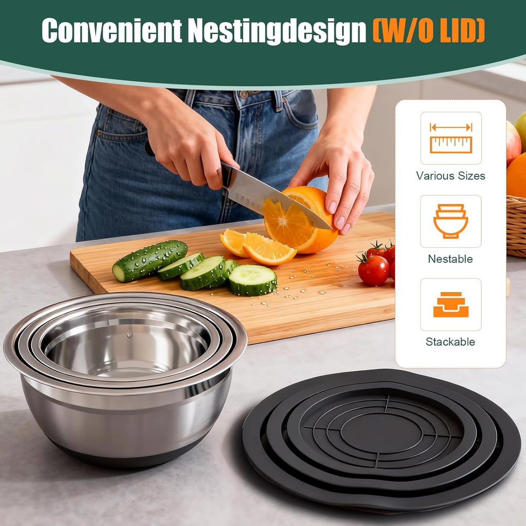 Stainless Steel Mixing Bowls Set with Lids & Silicone Base - 7-Piece Kitchen Gadgets Includes Colander, Grater, Egg