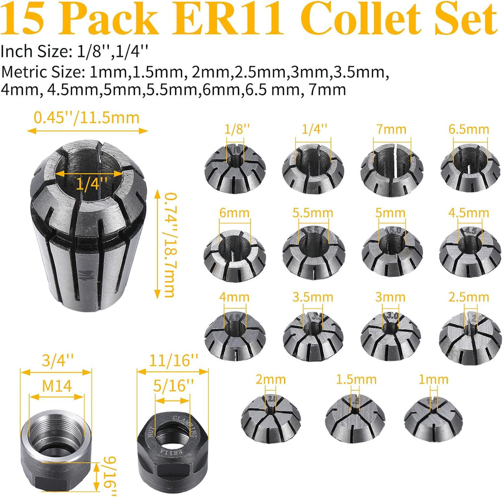 Yaocom 19 Pcs Er11 Spring Collet Set, 1.0mm-7.0mm and 1/4", 1/8" with Nut
