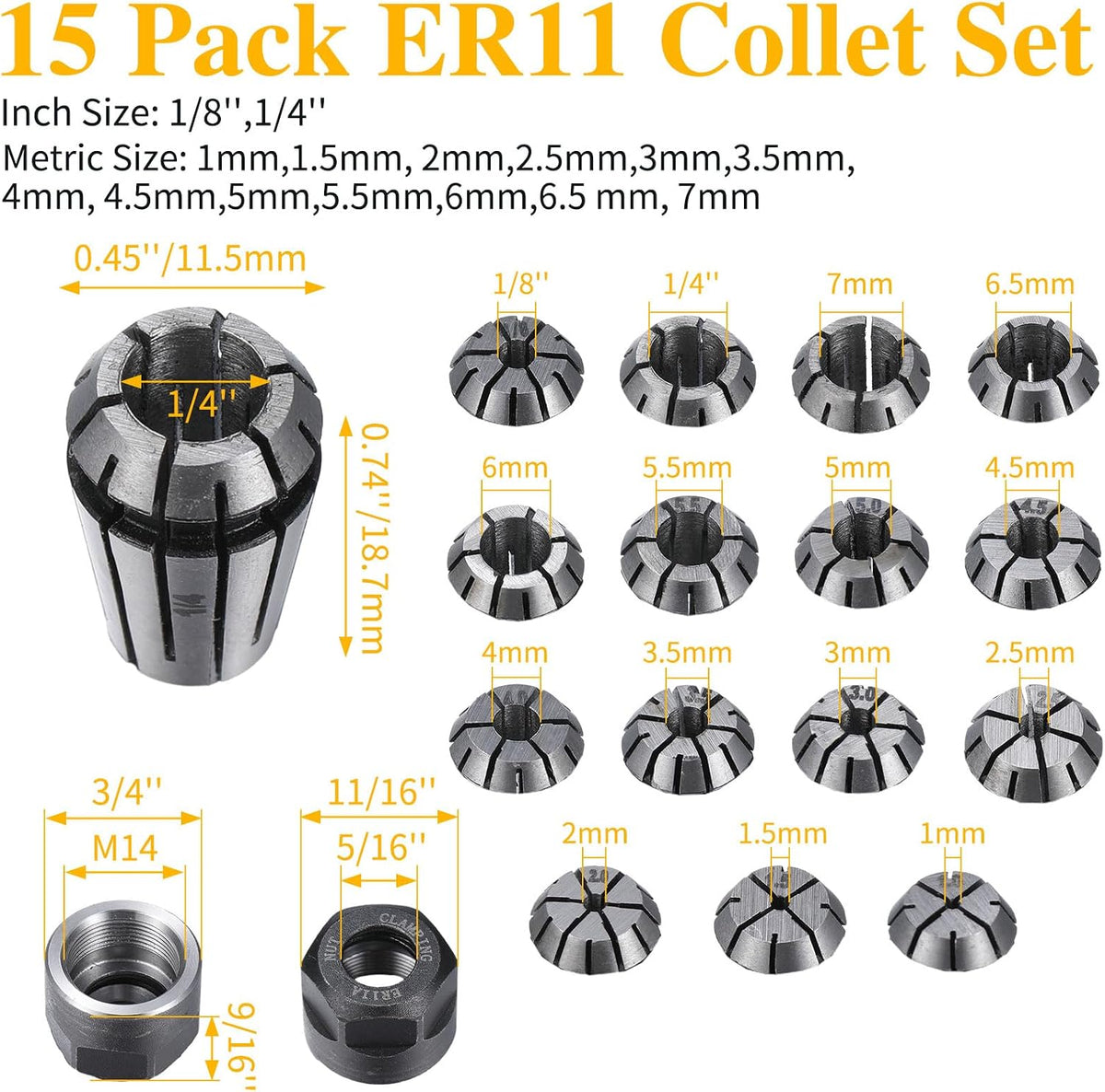 Yaocom 19 Pcs Er11 Spring Collet Set, 1.0mm-7.0mm and 1/4", 1/8" with Nut