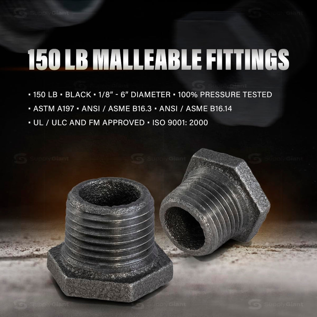 Supply Giant CNCV0565 3/4" x 1/2" Black Malleable Iron Bushing Fitting with Hexagonal Head