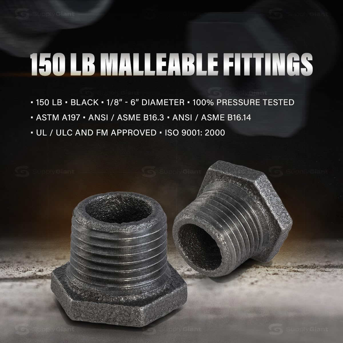 Supply Giant CNCV0565 3/4" x 1/2" Black Malleable Iron Bushing Fitting with Hexagonal Head