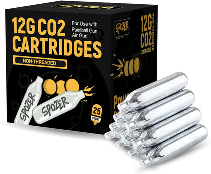12g CO2 Cartridges Non-Threaded for BB Gun Pistol & Airsoft, 25 Pack | Snug Fit Design • Fits Airguns, Air Pistols