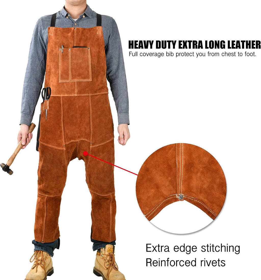 Leather Welding Apron Split Leg, Protective Chaps for Men | Spark Flame Heat Resistant Bib Pants - Heavy Duty Cowhide
