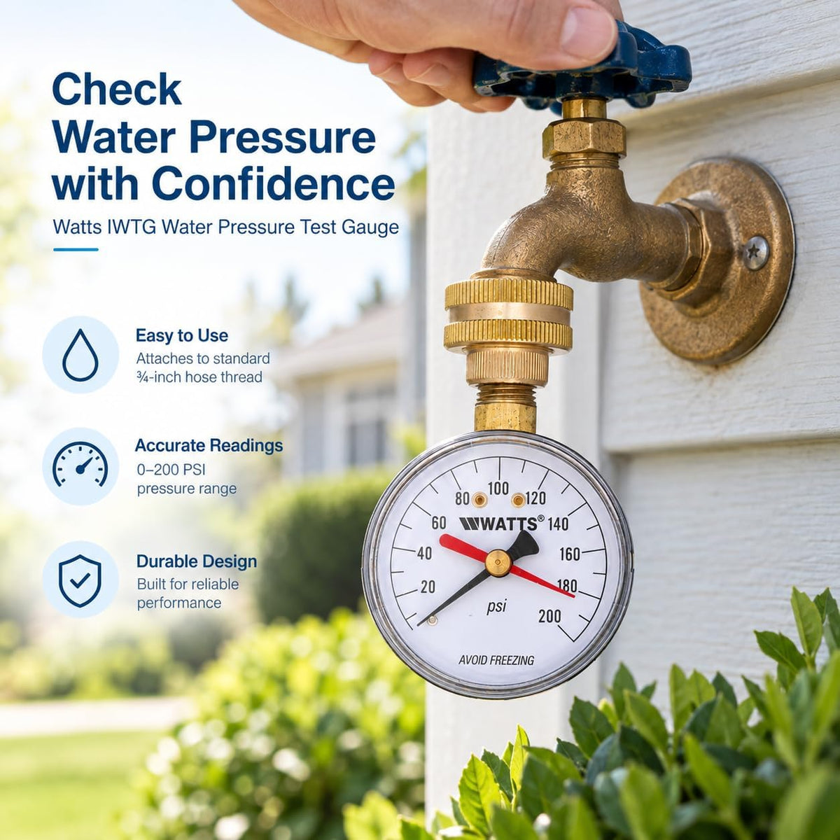 Watts Water Pressure Test Gauge 3/4" HT Hose Connection 0-200 psi