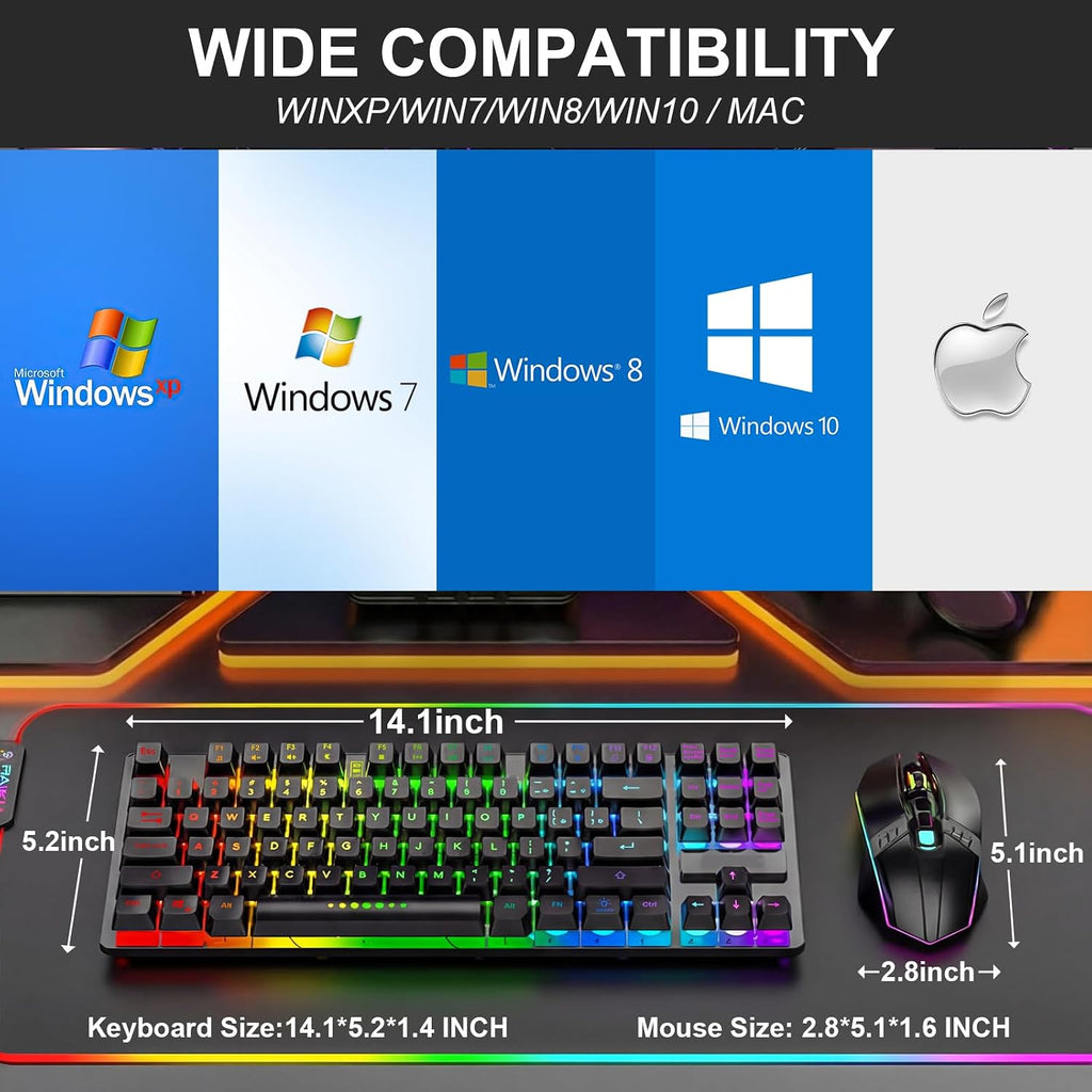 Wireless Gaming Keyboard and Mouse Combo, LED Backlit Rechargeable Battery, Ultra Compact Mechanical Feel Keyboard