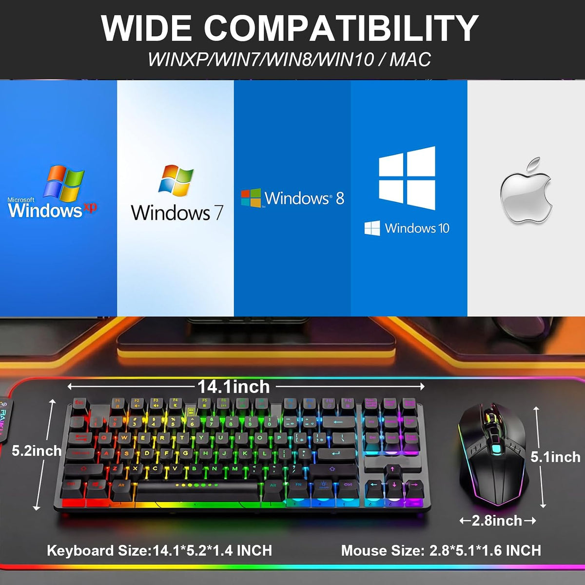 Wireless Gaming Keyboard and Mouse Combo, LED Backlit Rechargeable Battery, Ultra Compact Mechanical Feel Keyboard