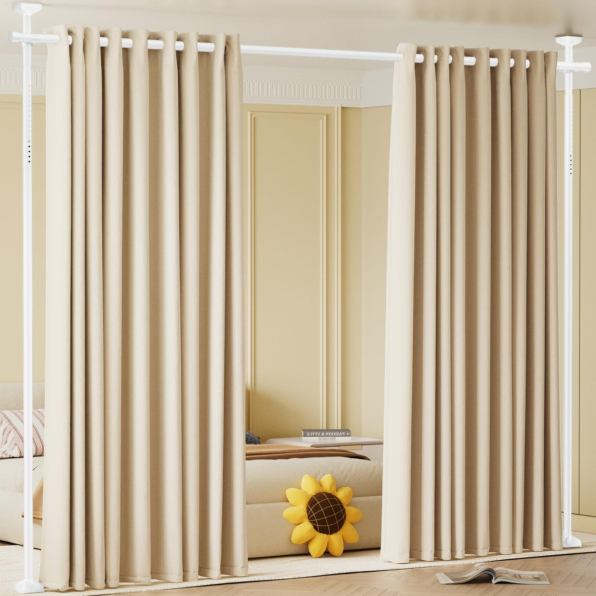 Room Divider No Drilling Curtain Rod Wall Divider for Room Separation White