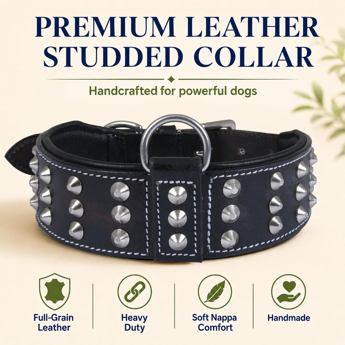 Genuine Leather Studded Dog Collar for Medium Dog, Cushion Padding, Black