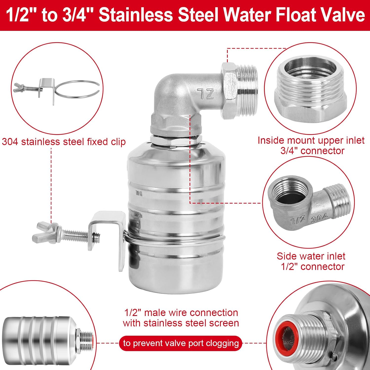Automatic Float Valve for Water Tank, Tank Float Valve 1/2" & 3/4" | Auto Shut Off Water Level Control Valve for