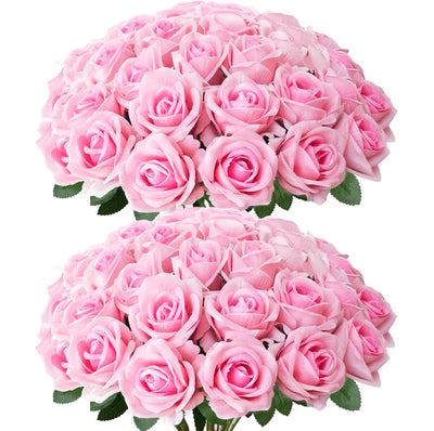 50Pcs Pink Roses Artificial Flowers with Stems，Fake Roses Bouquet Fake Flowers Bulk，Silk Velvet Roses for Wedding