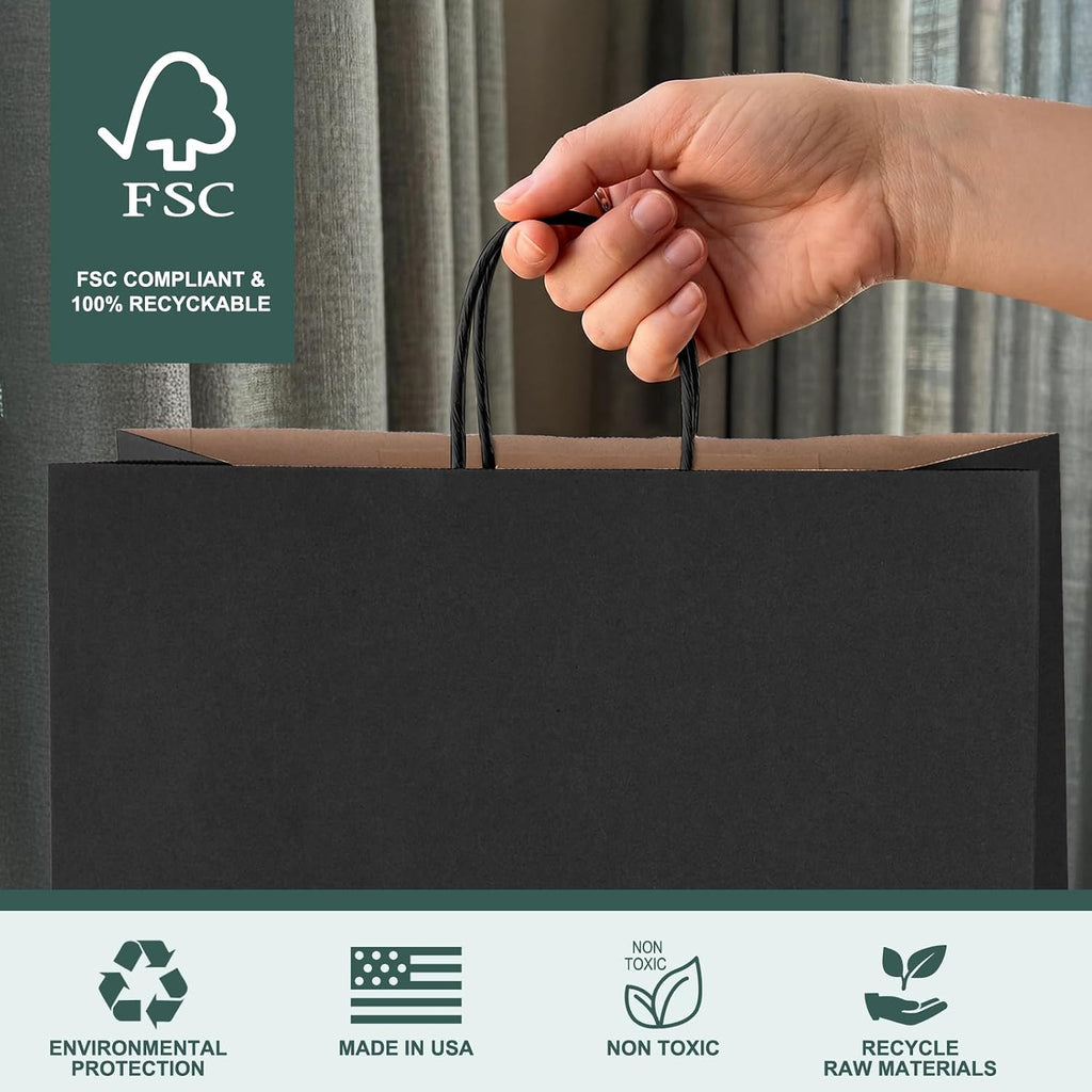 Large Black Paper Bags With Handles 16x6x12 Inch 100 Pack