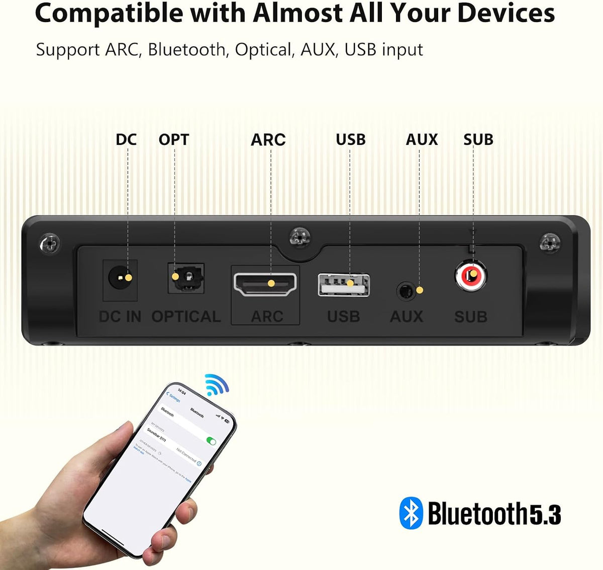 Sound Bar for Smart TV with Wired Subwoofers, 2.1 Channel Small TV Soundbar Speakers, Home Theater Surround Sound
