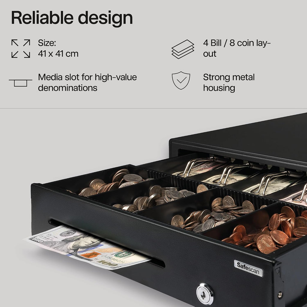 LD-4141 16" Black Heavy Metal Cash Register Drawer with 5 Bill/5 Coin Layout For POS, AdjustableTray with media slot