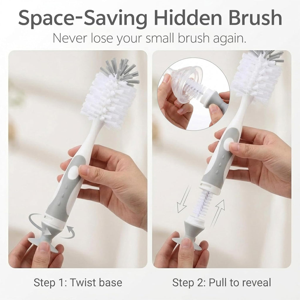 5-in-1 Baby Bottle Cleaner Set, Including Nylon & Silicone Bottle Brush, Cap, Straw & Nipple Brushes, BPA-Free (Grey)