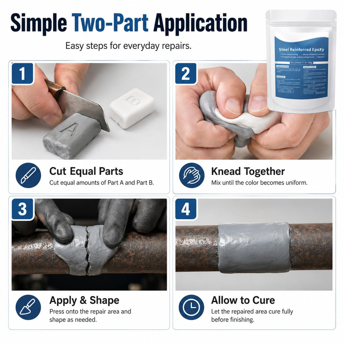 Steel Reinforced Epoxy Putty, 3.53 oz, 2-Part Moldable Repair Compound