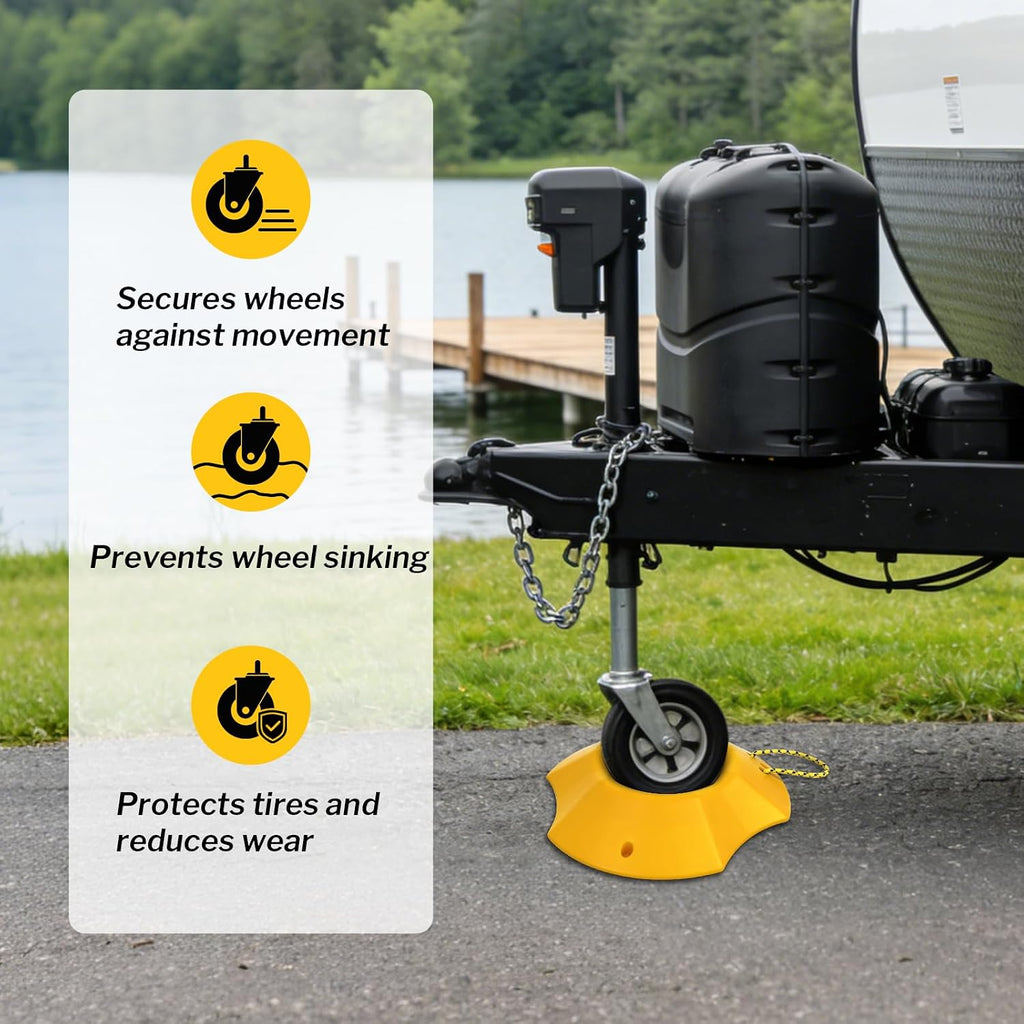 Trailer Wheel Dock with Rope, Tongue Jack Wheel Chock Compatible with 6" & 8" Single/Dual Wheels, Trailer Wheel Stop