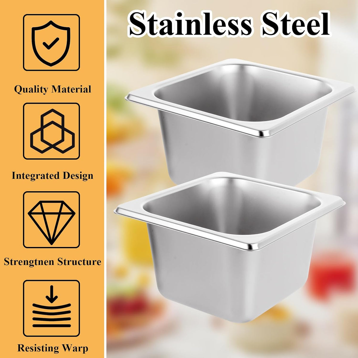 6PCS Hotel Pans Stainless Steel Steam Table Pan Restaurant Supplies 1/6 Size x 4 inch Deep Stainless Steam Table
