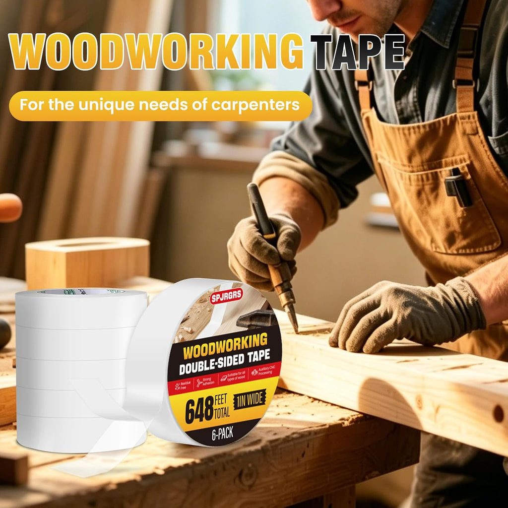 Double Sided Woodworking Tape 1IN x 648 Ft (6 Pack) Residue-Free
