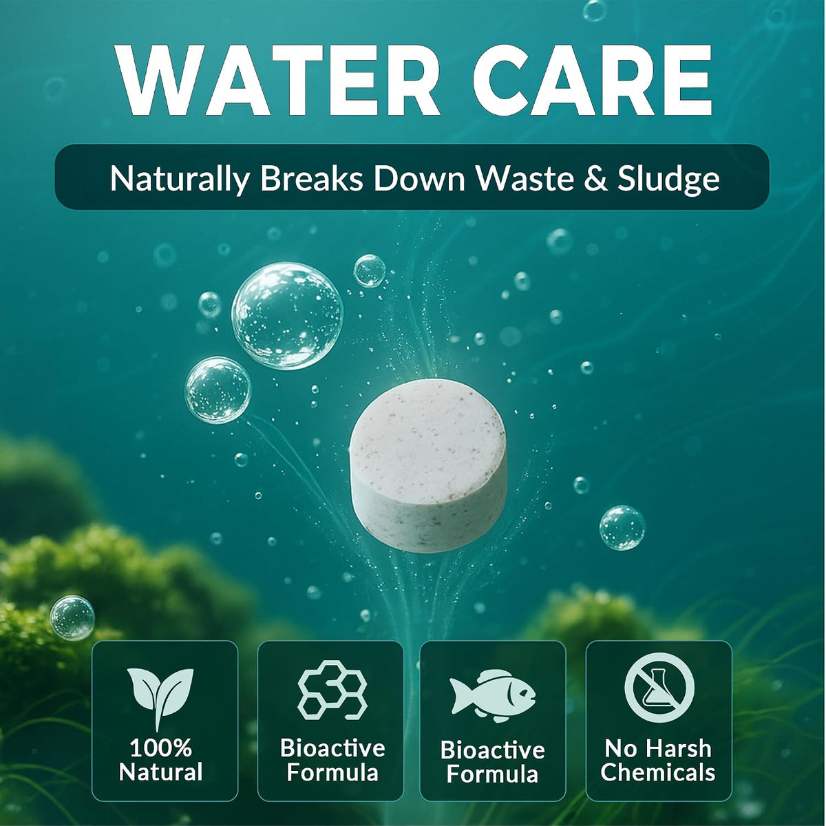 Muck Clear – Natural Pond Sludge Treatment, 500 Tablets for Ponds, Fountains & Bird Baths, Beneficial Bacteria &