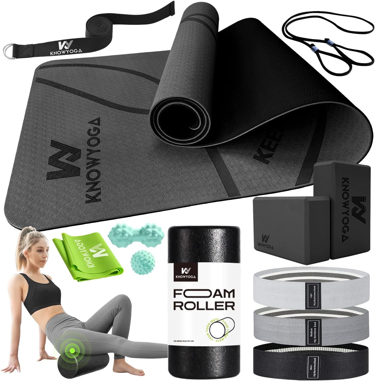 Yoga Starter Kit 12 in 1 - Yoga Set Include Yoga Mat, Foam Roller, 4 Resistance Bands, Yoga Blocks 2 Pack with Strap