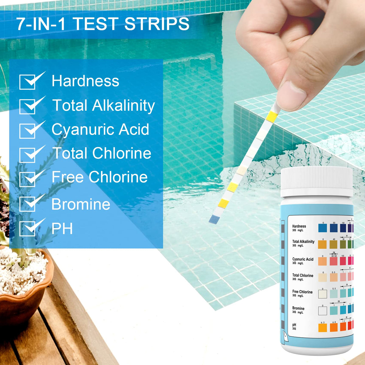 Hot Tub and Pool Test Strips, 7in1 50ct Quick & Accurate Spa Test Strips,Pool Water Test Kit, Salt Testing Kit for