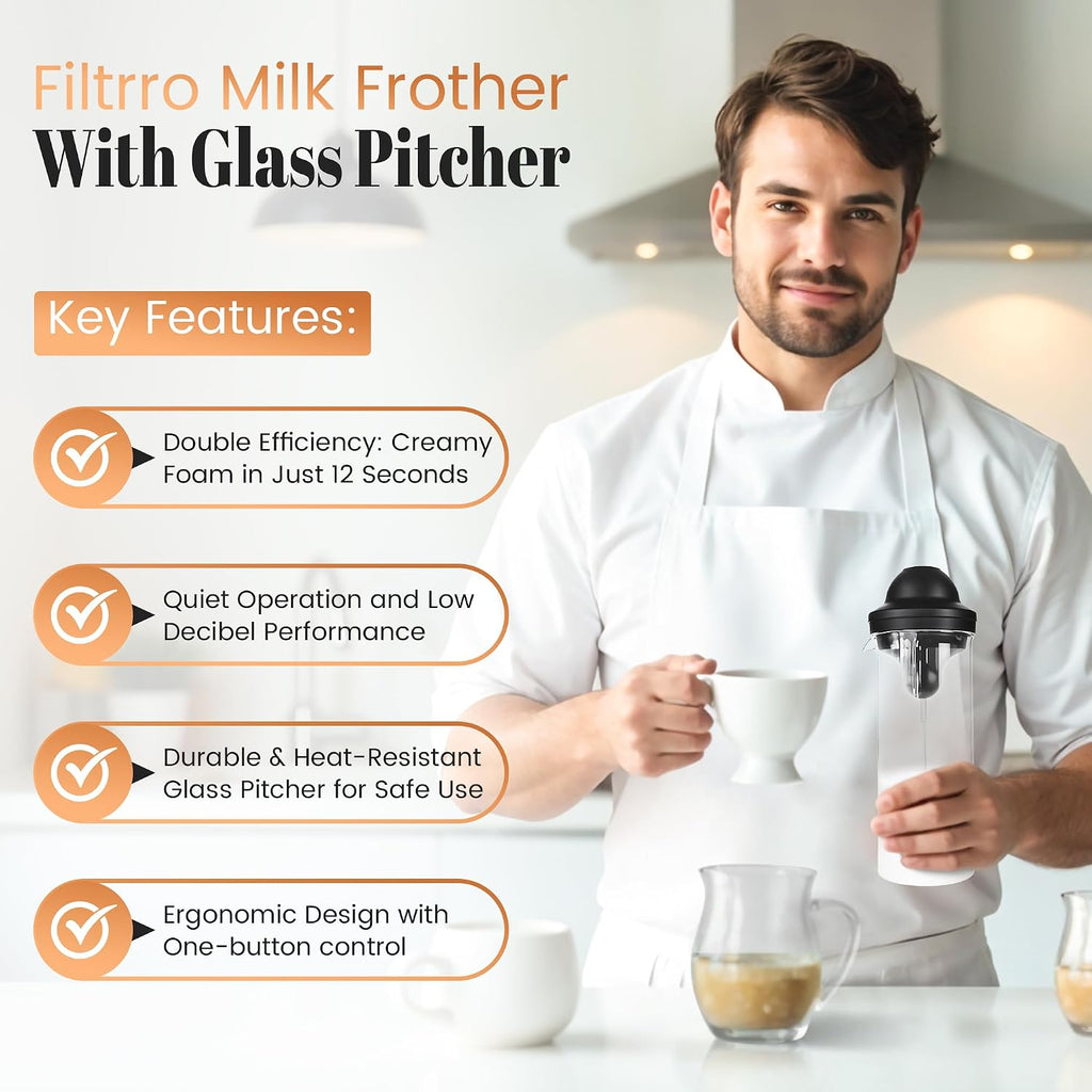 Milk Frother with Glass Pitcher, Frother Handheld Battery Operated, Foam Maker for Coffee, Latte, Cappucino, Hot