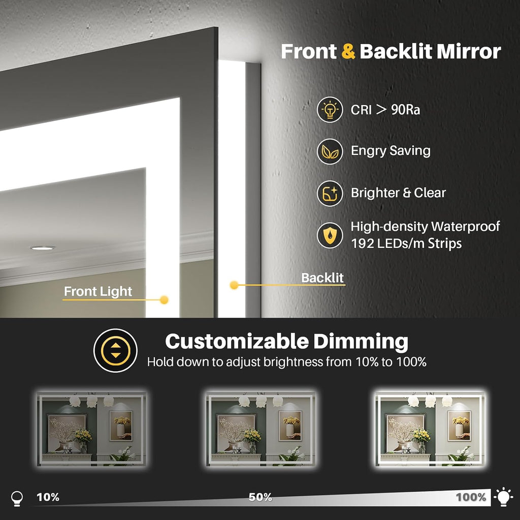 40x32 Inch LED Bathroom Mirror with Lights, Backlit & Front Lit | Anti-fog, 3 Color Dimmable, Memory Function, HD