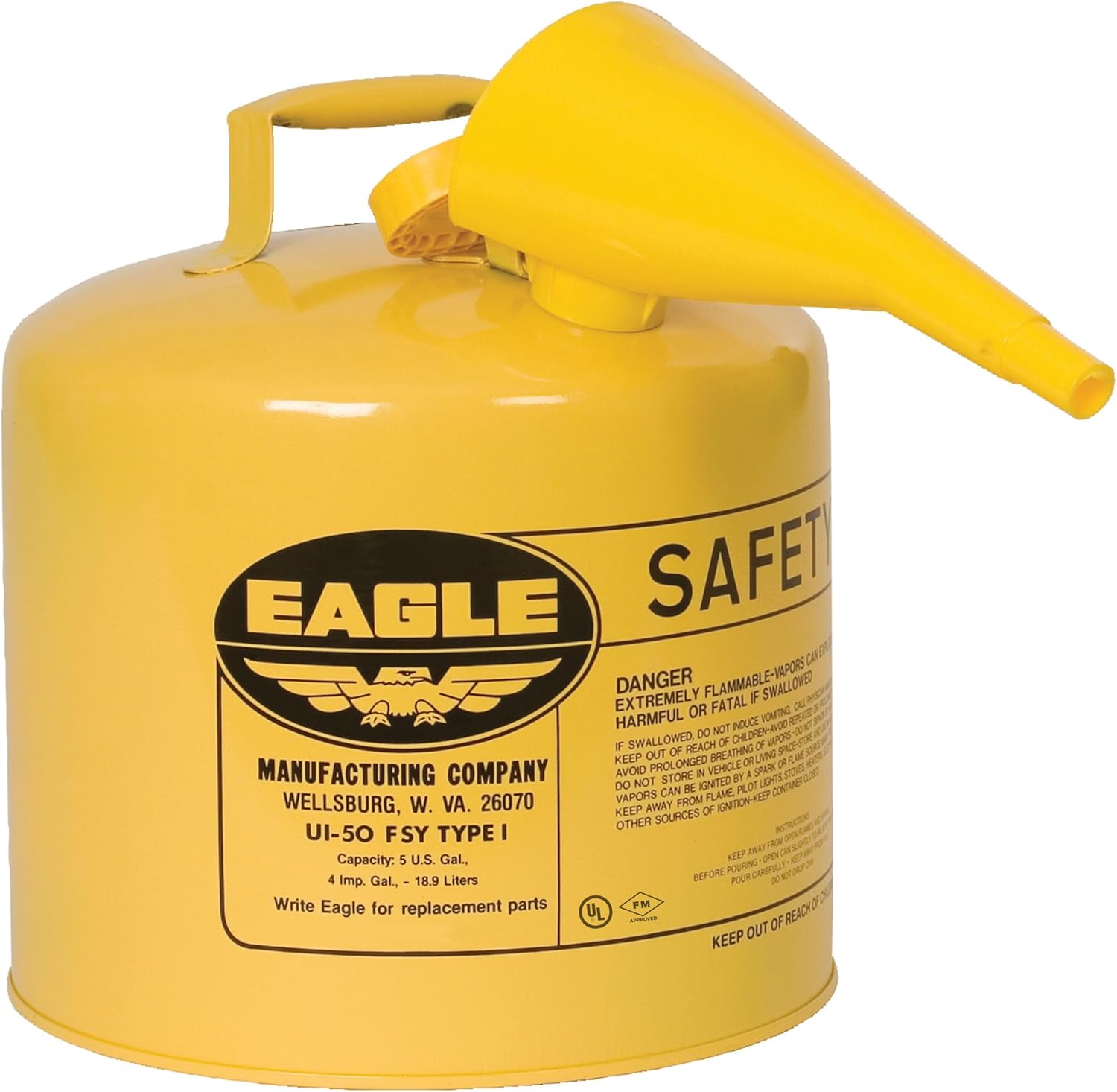 5 Gallon Type I Yellow Safety Gas Can for Diesel | Flame Arrester, Self-Closing Lid, and F-15 Funnel, Made in the