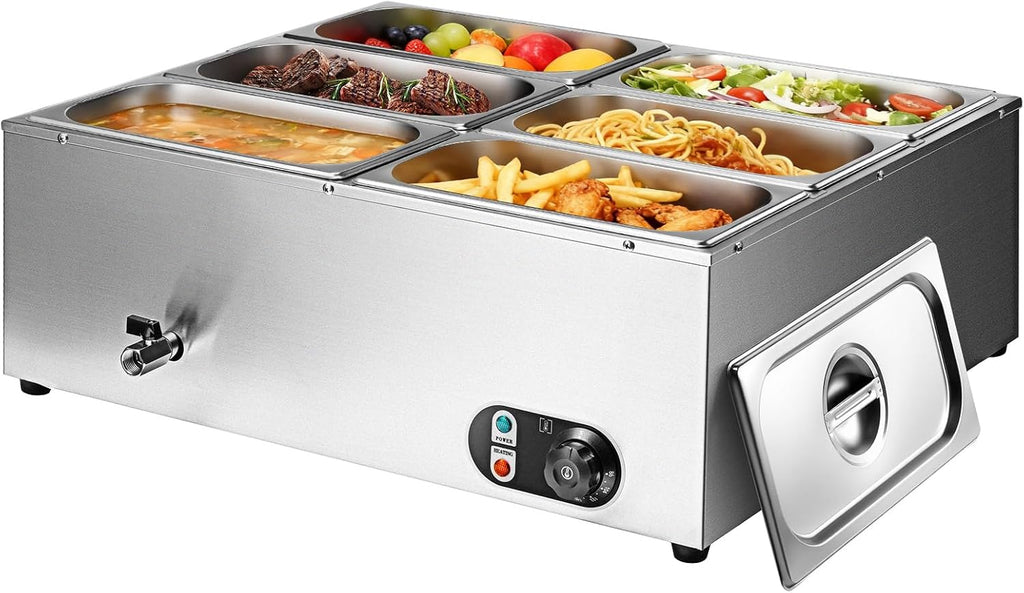 Commercial Food Warmer 48 Qt Stainless Steel Steam Table Countertop Buffet Warmer, 6-Pan 1500W Electric Bain Marie