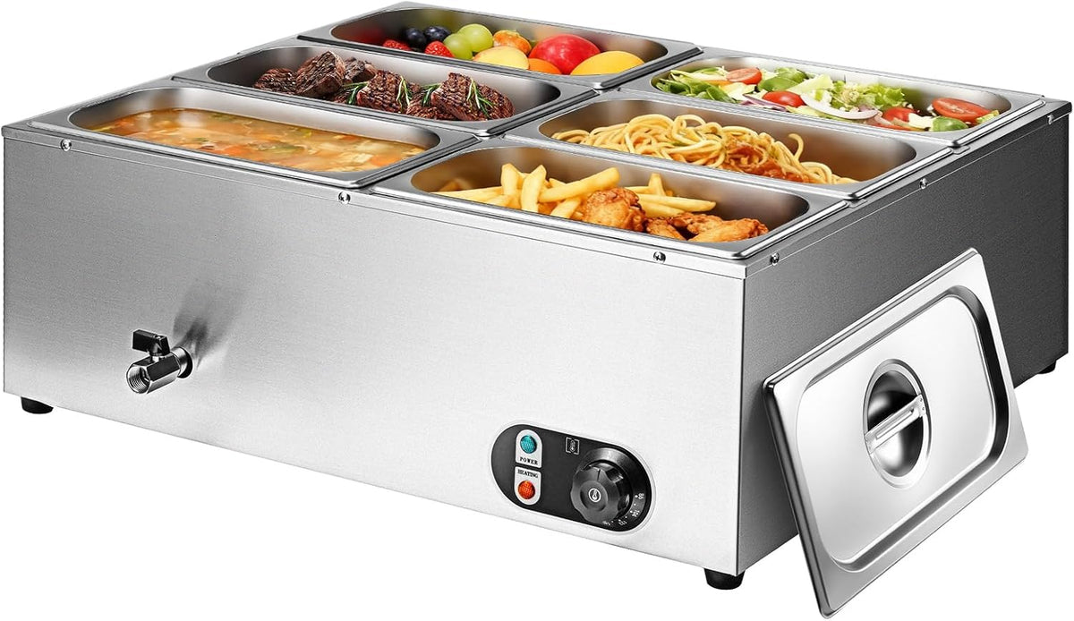 Commercial Food Warmer 48 Qt Stainless Steel Steam Table Countertop Buffet Warmer, 6-Pan 1500W Electric Bain Marie