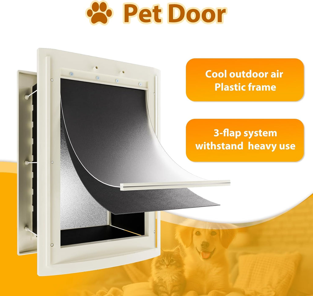 Dog Door for Wall, Pet Door, Doggie Door with Telescoping Tunnel, Double Magnetic Flaps and Sliding Lock Panels