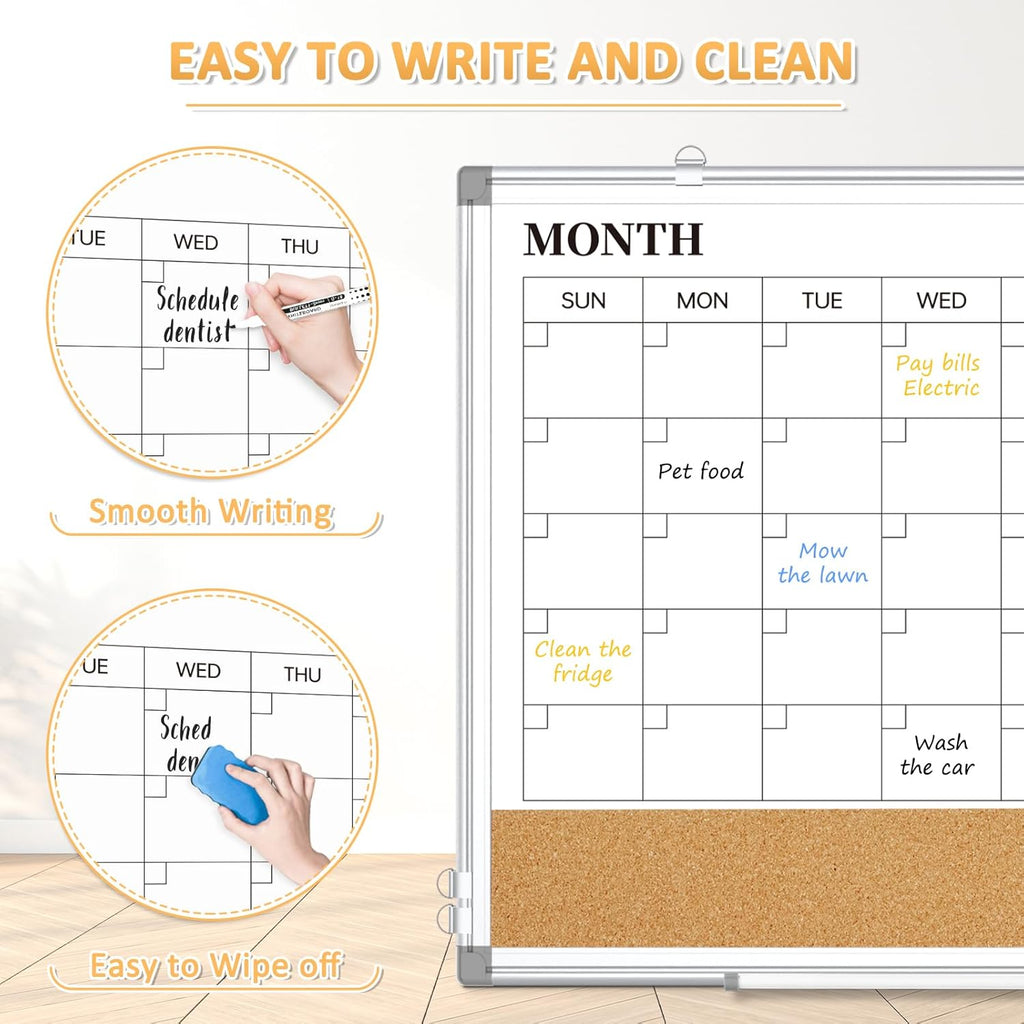 Large Dry Erase Calendar for Wall, 36"x24" Double-Sided Magnetic Whiteboard Calendar with Cork Board, Aluminum Frame