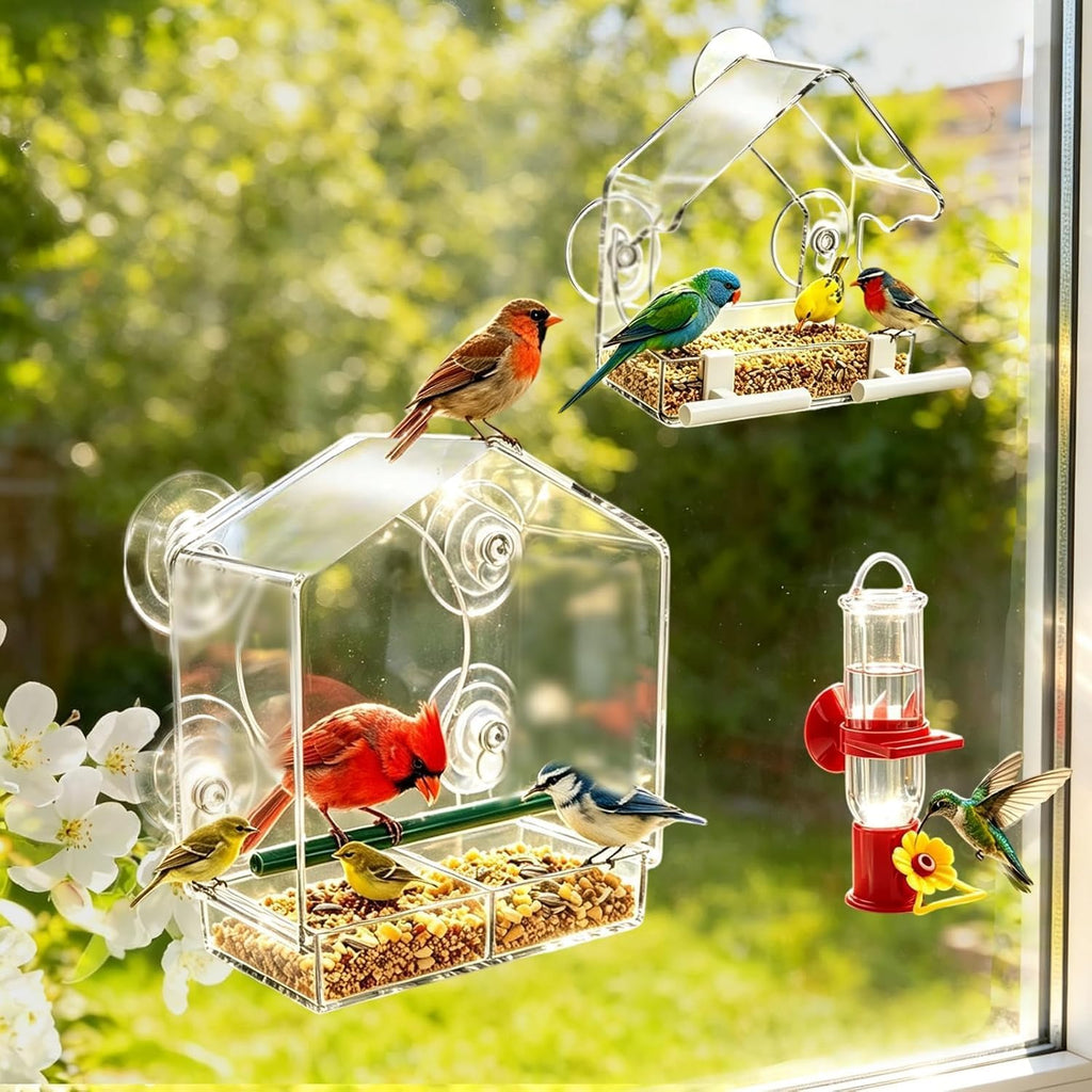 Window Bird Feeder with Strong Suction Cups (3-Piece Set). Two Seed Feeder Sizes + Hummingbird Water Station