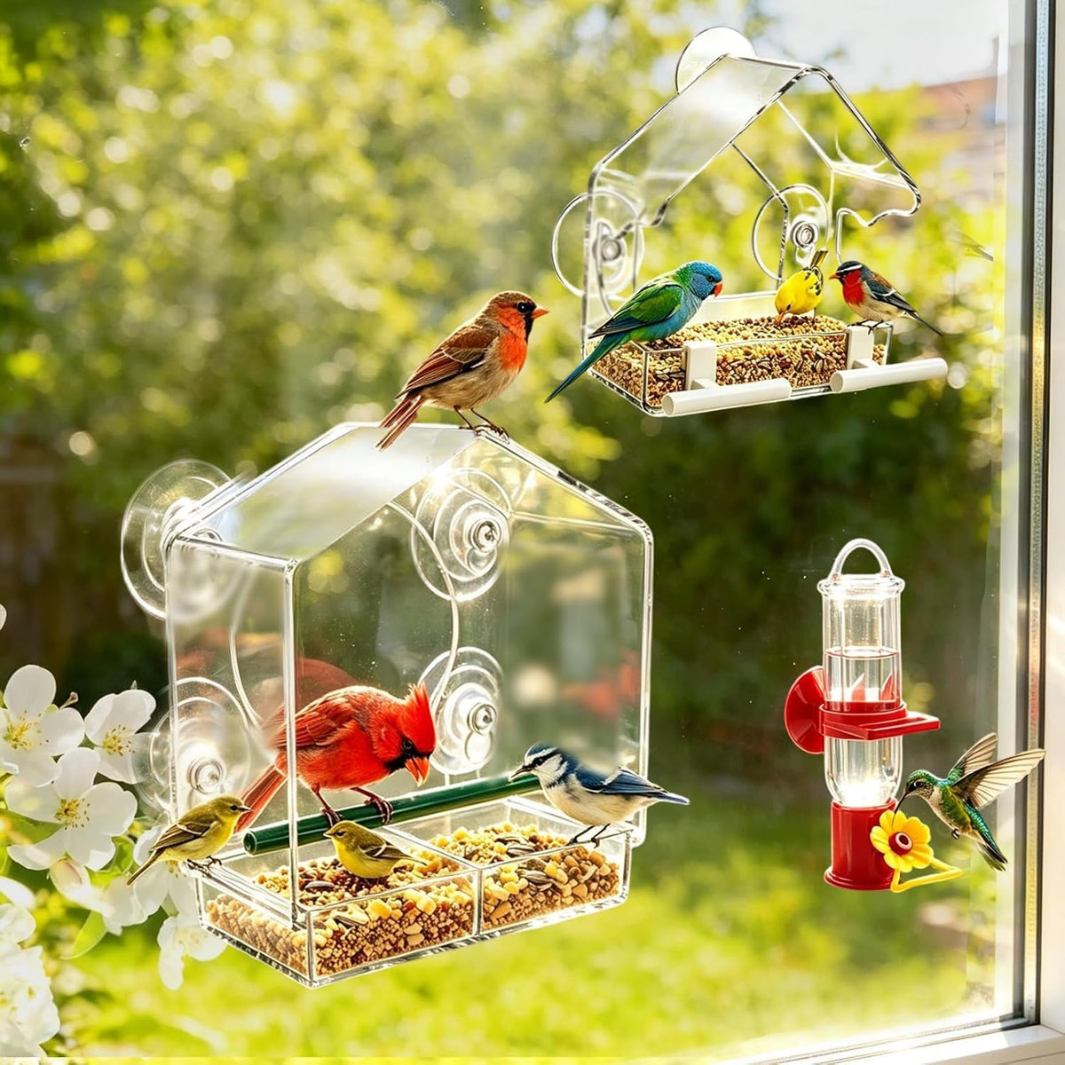 Window Bird Feeder with Strong Suction Cups (3-Piece Set). Two Seed Feeder Sizes + Hummingbird Water Station