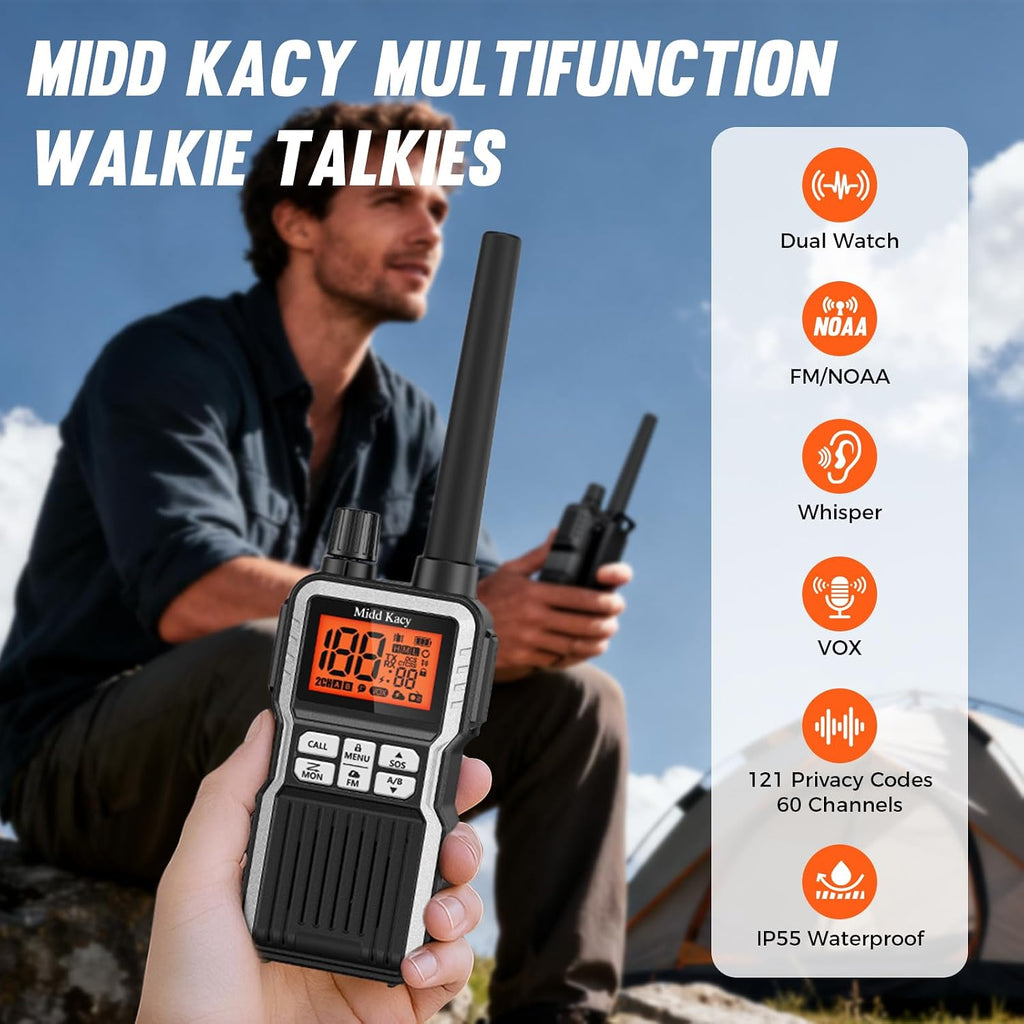 Midd Kacy MK108 Walkie Talkies Long Range, GMRS 2 Way Radio (2 Pack) | 60 Channel, 121 Privacy Codes, Waterproof