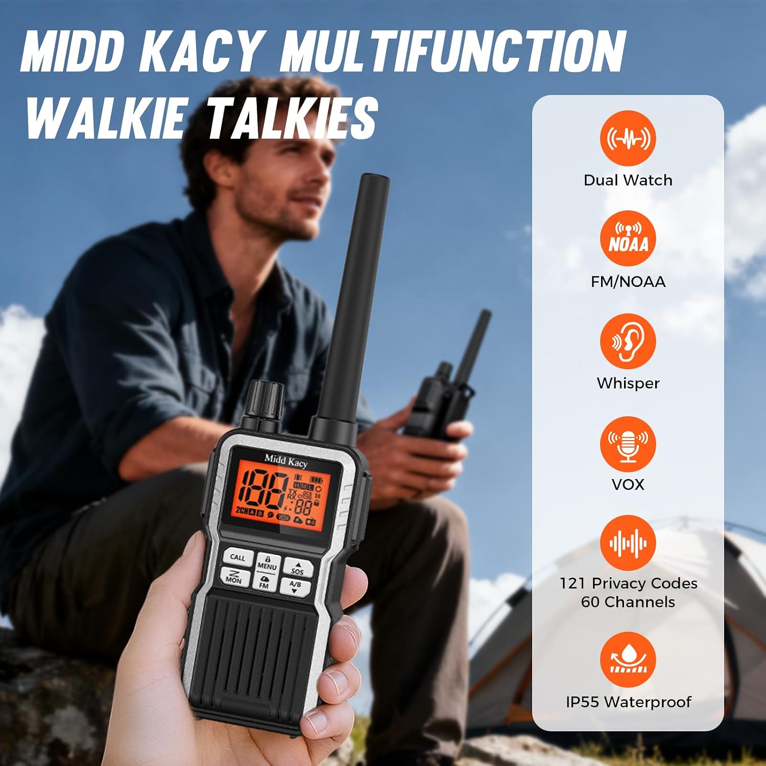 Midd Kacy MK108 Walkie Talkies Long Range, GMRS 2 Way Radio (2 Pack) | 60 Channel, 121 Privacy Codes, Waterproof