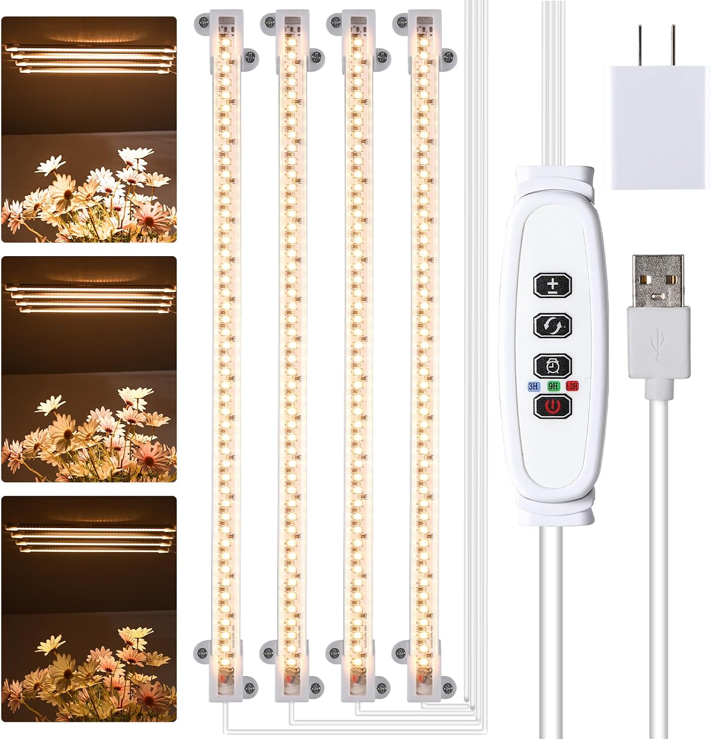 LED Plant Growing Lamp, 3000K Full Spectrum Grow Light Strips for Indoor Plants with 3/9/12H Timer & 10 Dimmable
