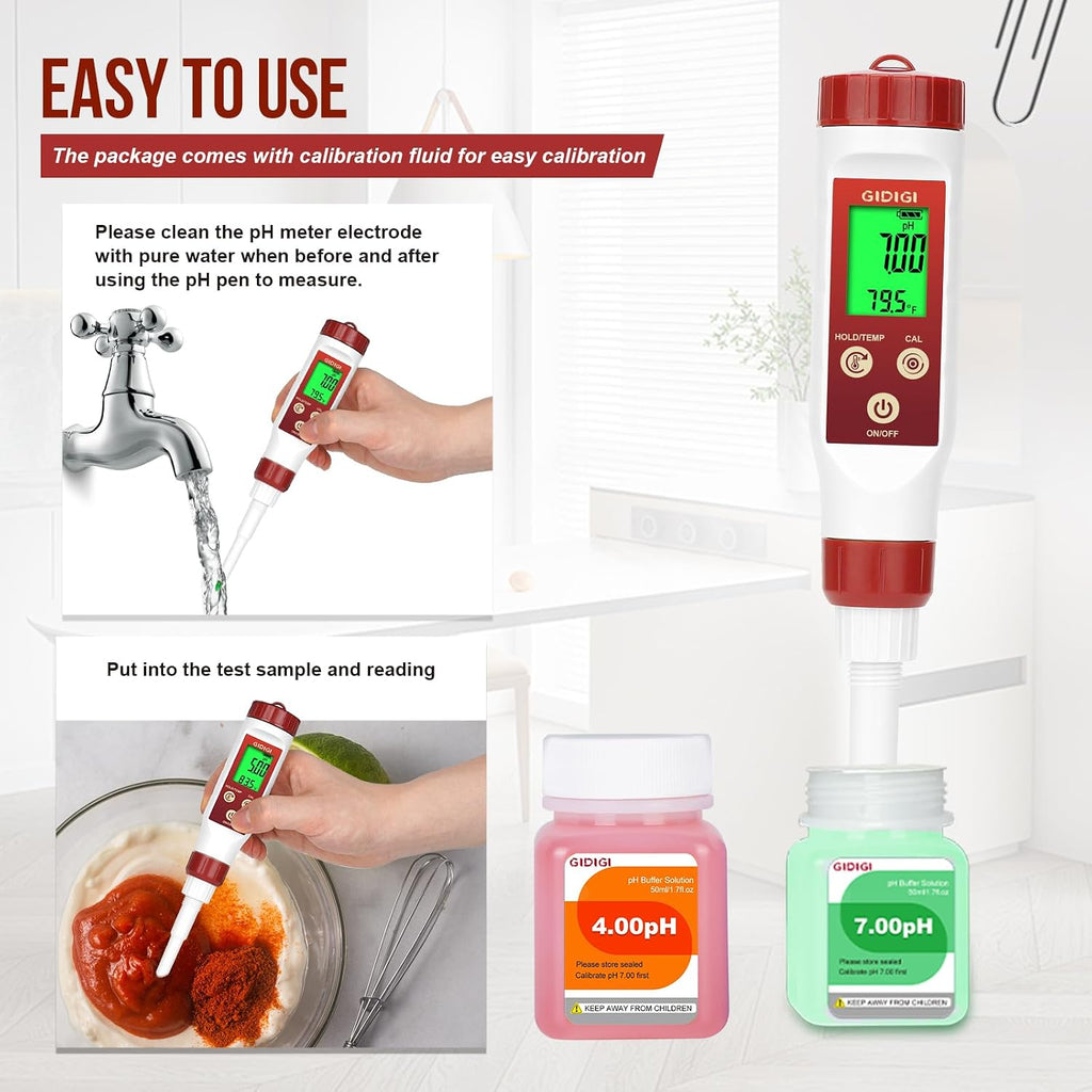 Digital pH Meter for Food Fermentation with pH Calibration Solution