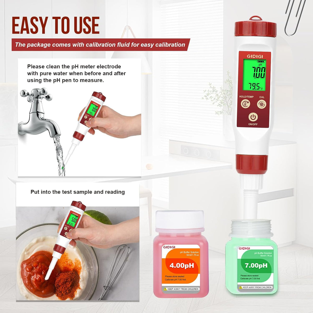 Digital pH Meter for Food Fermentation with pH Calibration Solution