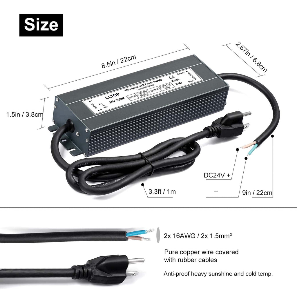 LLTOP 24V DC LED Driver Waterproof IP67 Power Supply 200W 8.3A