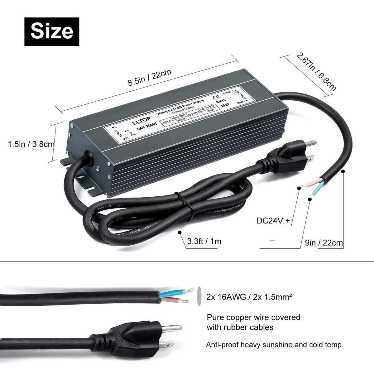 LLTOP 24V DC LED Driver Waterproof IP67 Power Supply 200W 8.3A